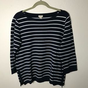 J crew long sleeve cotton sweater, scoop neck, navy blue\white striped size M